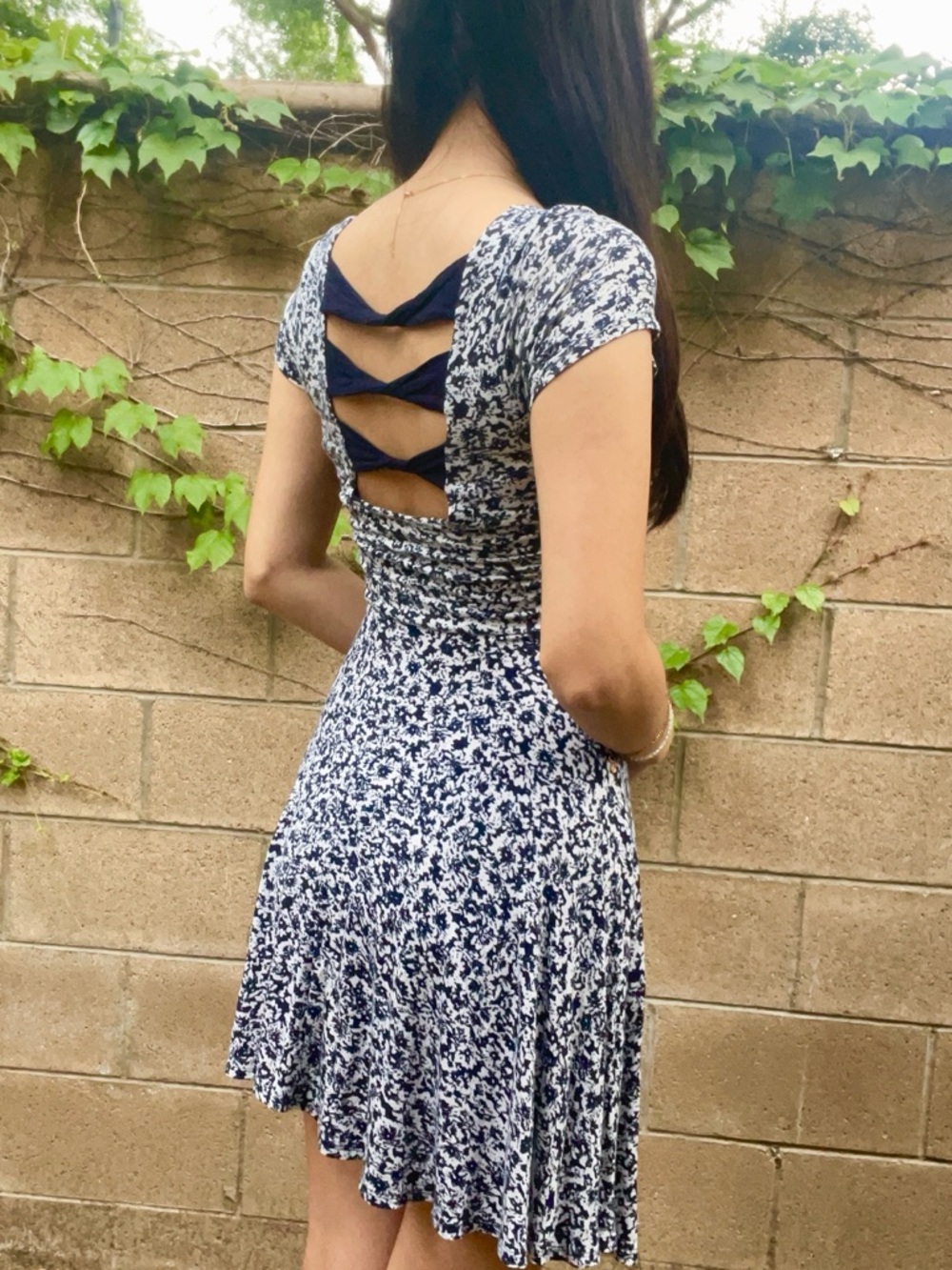 Navy and White Floral Backless Flowy Dress